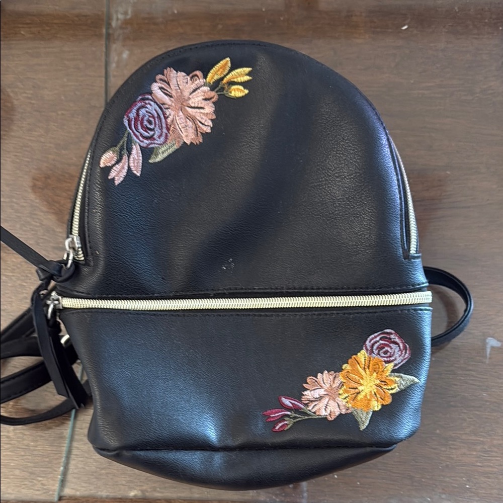 Floral Embroidered Black Backpack
